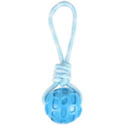 Flamingo Pet Products Jouet Balle + corde à tirer RUDO. couleur bleu. 26 cm. TPR. pour chien. Jeux cordes pour chien
