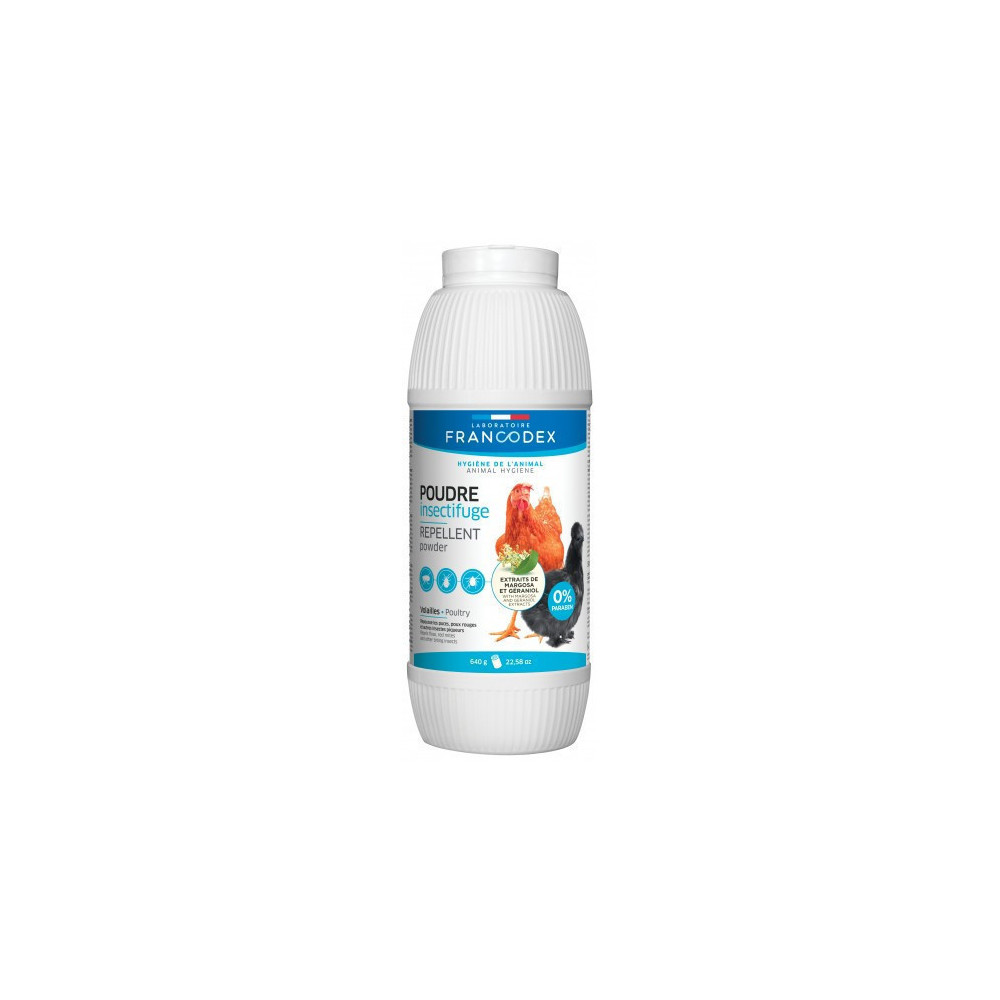 Francodex Polvere repellente per insetti, bottiglia di polvere da 640g, per pollame. FR-174208 Trattamento