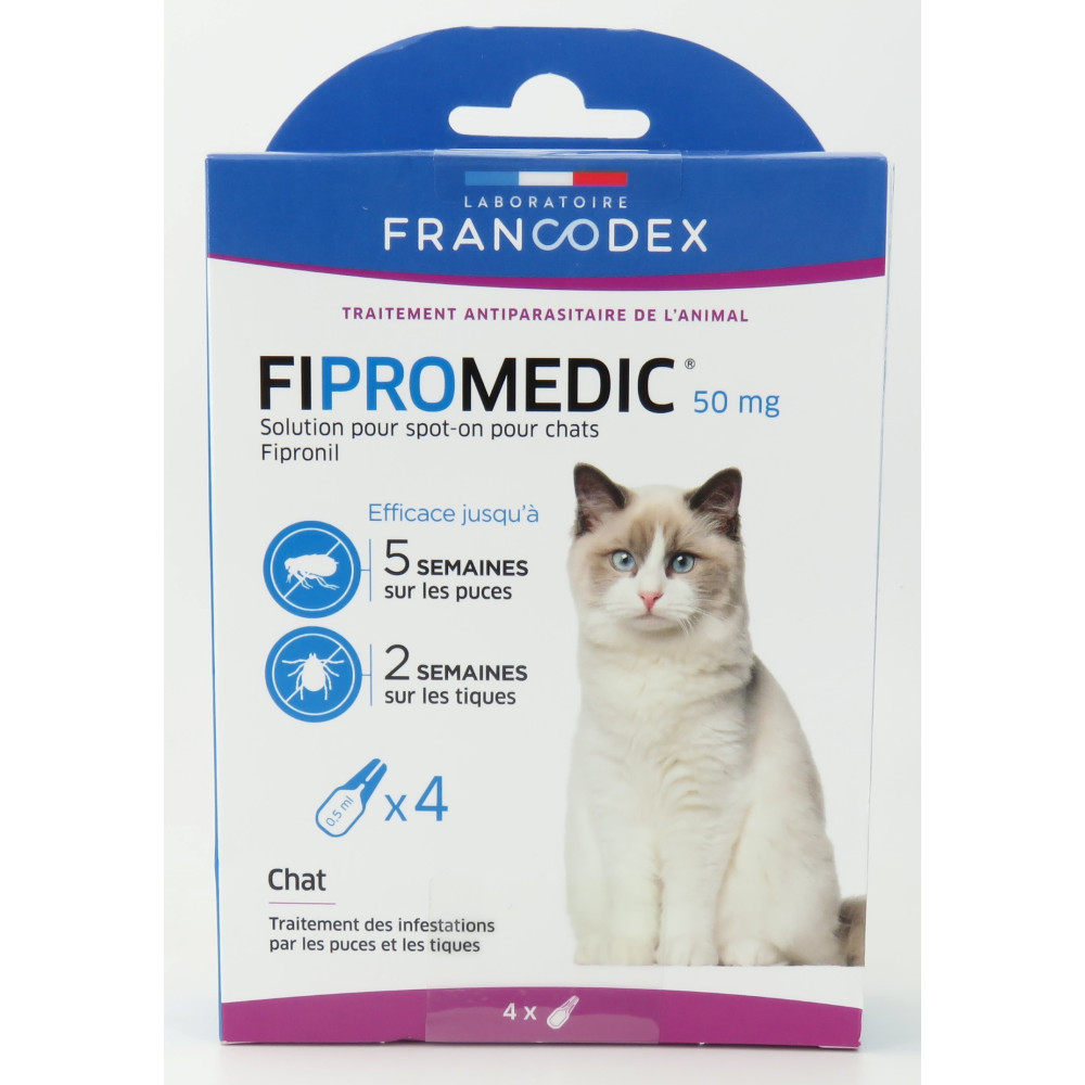 4 x 0,5 ml Fipromedic 50 mg pipetas antiparasitárias para gatos. FR-170351 Controlo de pragas felinas