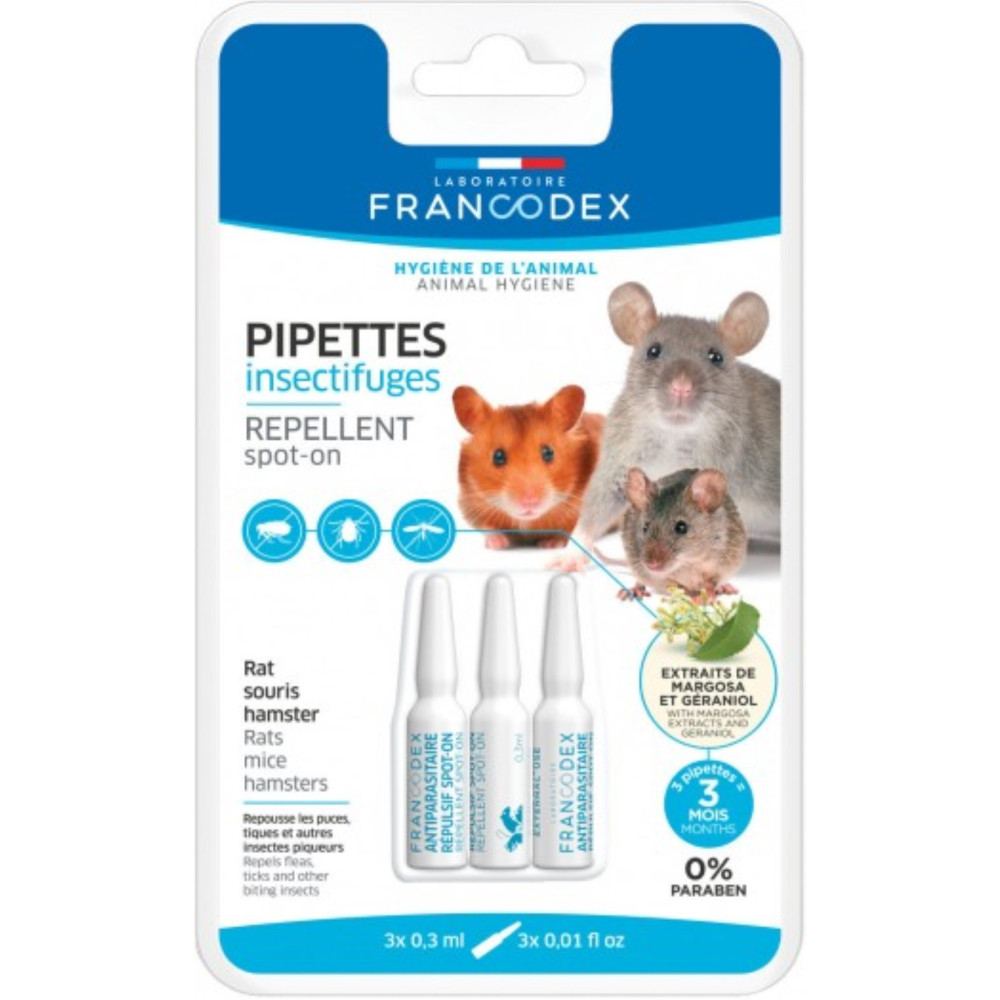 3 Insectenafstotende pipetten. Voor ratten, muizen en hamsters. Francodex FR-174072 Verzorging en hygiëne