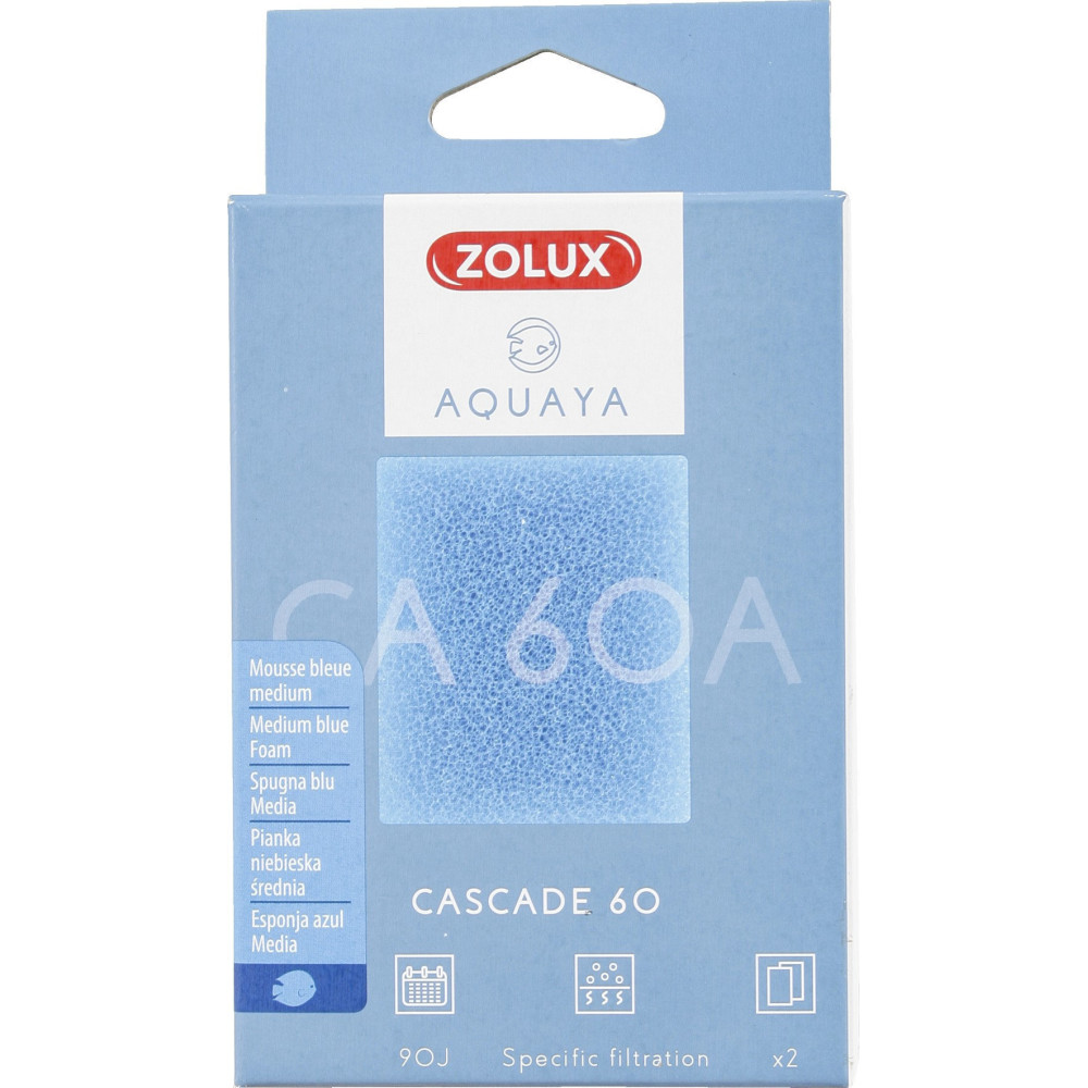 zolux Filtre pour pompe cascade 60, filtre CA 60 A mousse bleue medium x2. pour aquarium. Masses filtrantes, accessoires
