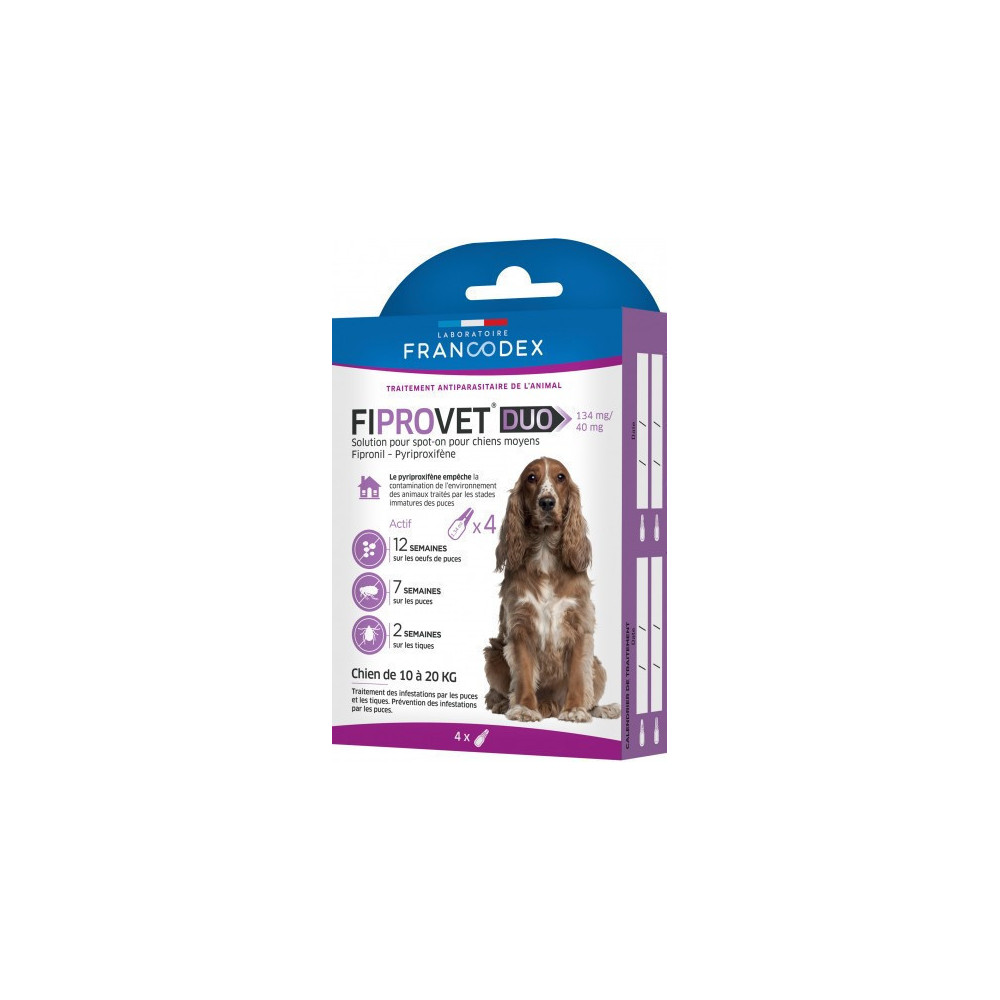 4 pipetas anti-pulgas fiprovet duo para cães pequenos 10 a 20 kg FR-170123 Pipetas de pesticidas