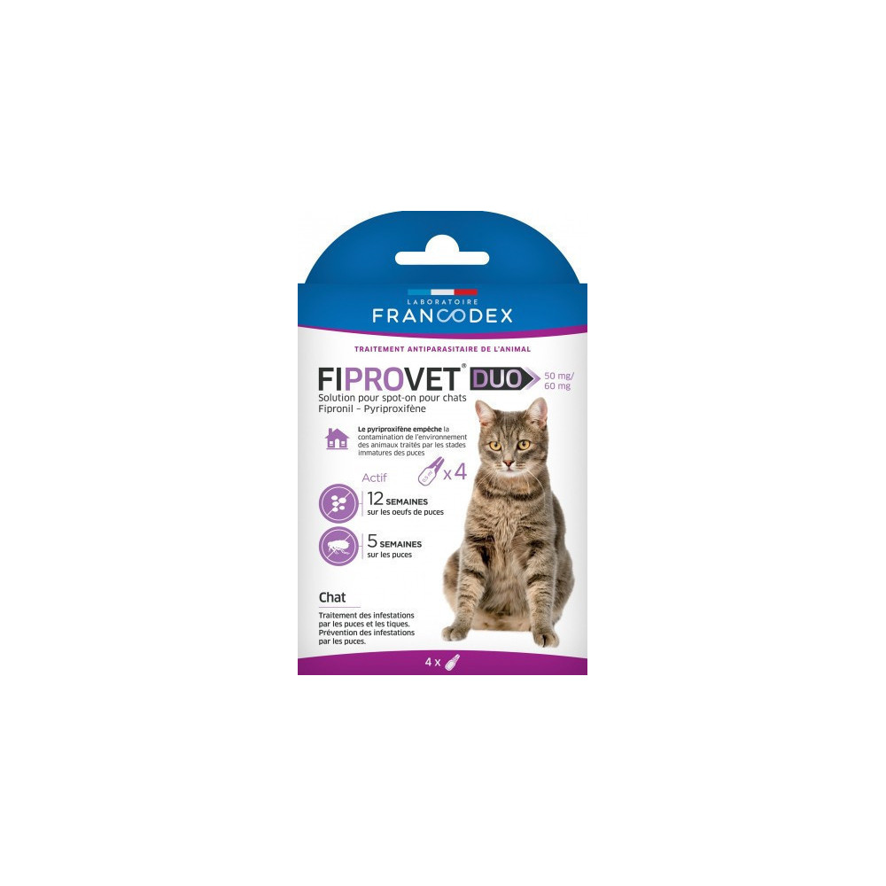 Francodex 4 pipettes anti puces Fiprovet duo pour chat Antiparasitaire chat
