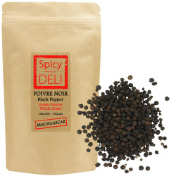 Spicy Deli Gourmet black pepper in grains from Madagascar 200gr. Reclosable kraft bag Sustainable agriculture" grocery store