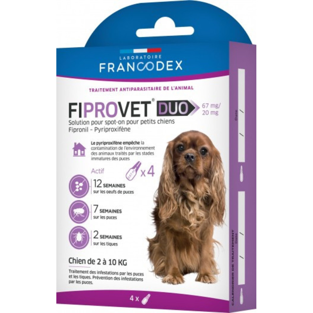 FR-170122 Francodex 4 pipetas antipulgas fiprovet duo para perro pequeño 2 a 10 kg Pipetas para plaguicidas