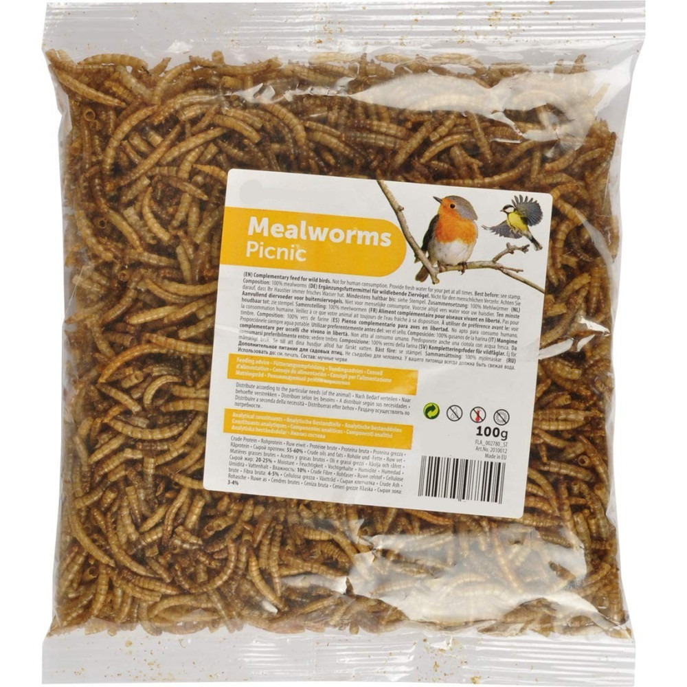 PickNick gedroogde meelwormen . 100 gr. zak voor vogels. animallparadise AP-2010012 insectenvoedsel