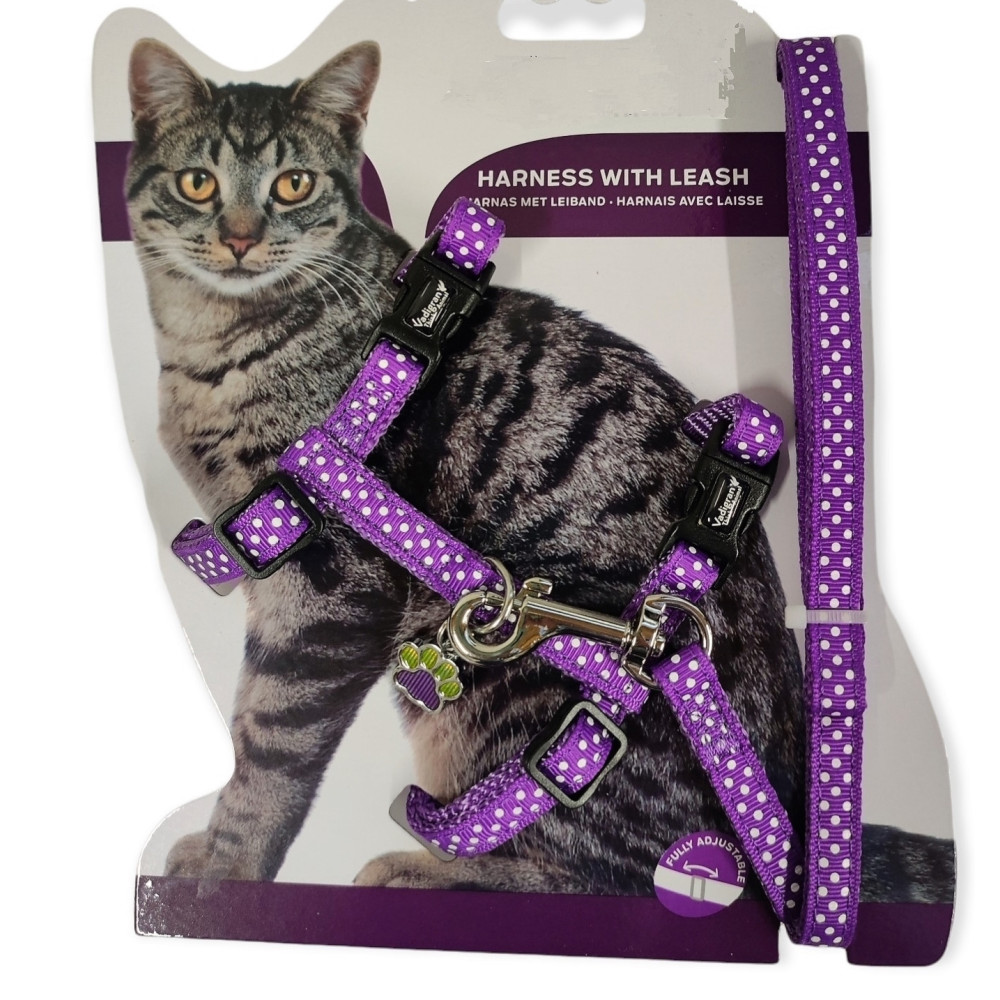 animallparadise Imbracatura + guinzaglio 120 cm, per gatti, con punti viola, regolabile. AP-VA-16602 Imbracatura