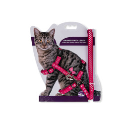 animallparadise Harness + lead 120 cm, Fuchsia polka dots, Adjustable, for cat. Harnais