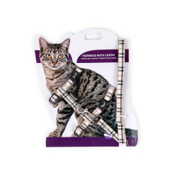 animallparadise Harness + lead 120 cm, beige plaid, Adjustable, for cat. Harness