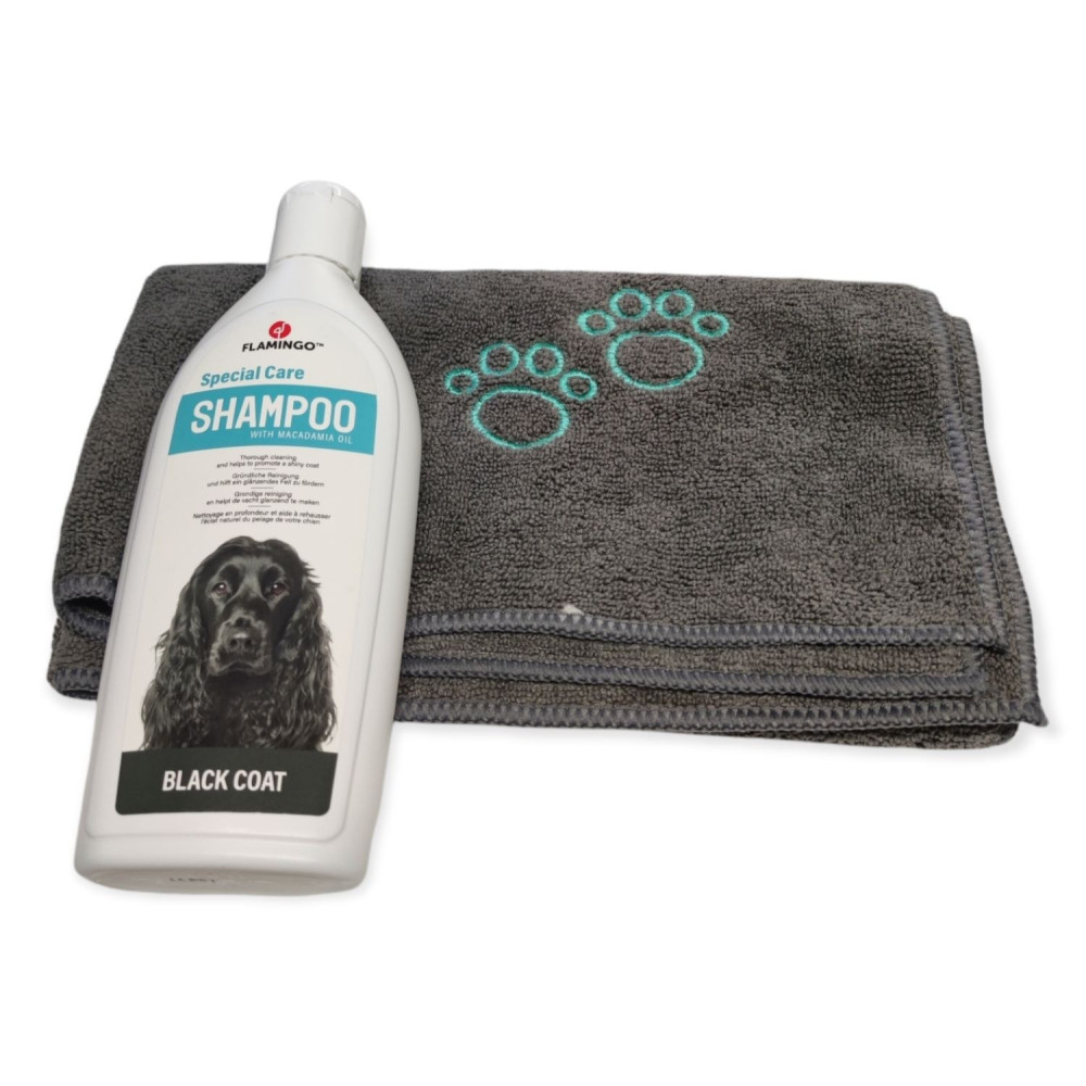 Champô para cães de pêlo escuro, 300 ml e uma toalha em microfibra. AP-FL-507780-2350 Champô