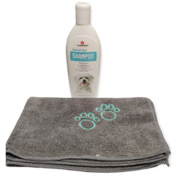 animallparadise Shampoing 300 ml spécial poils blanc, pour chien et une serviette en microfibre. Shampoing