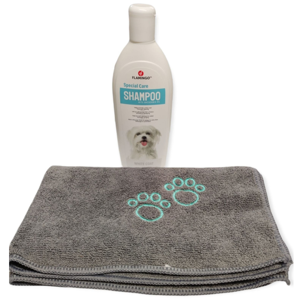 300 ml witte haarshampoo voor honden en een microvezeldoek. animallparadise AP-FL-507035-2350 Shampoo