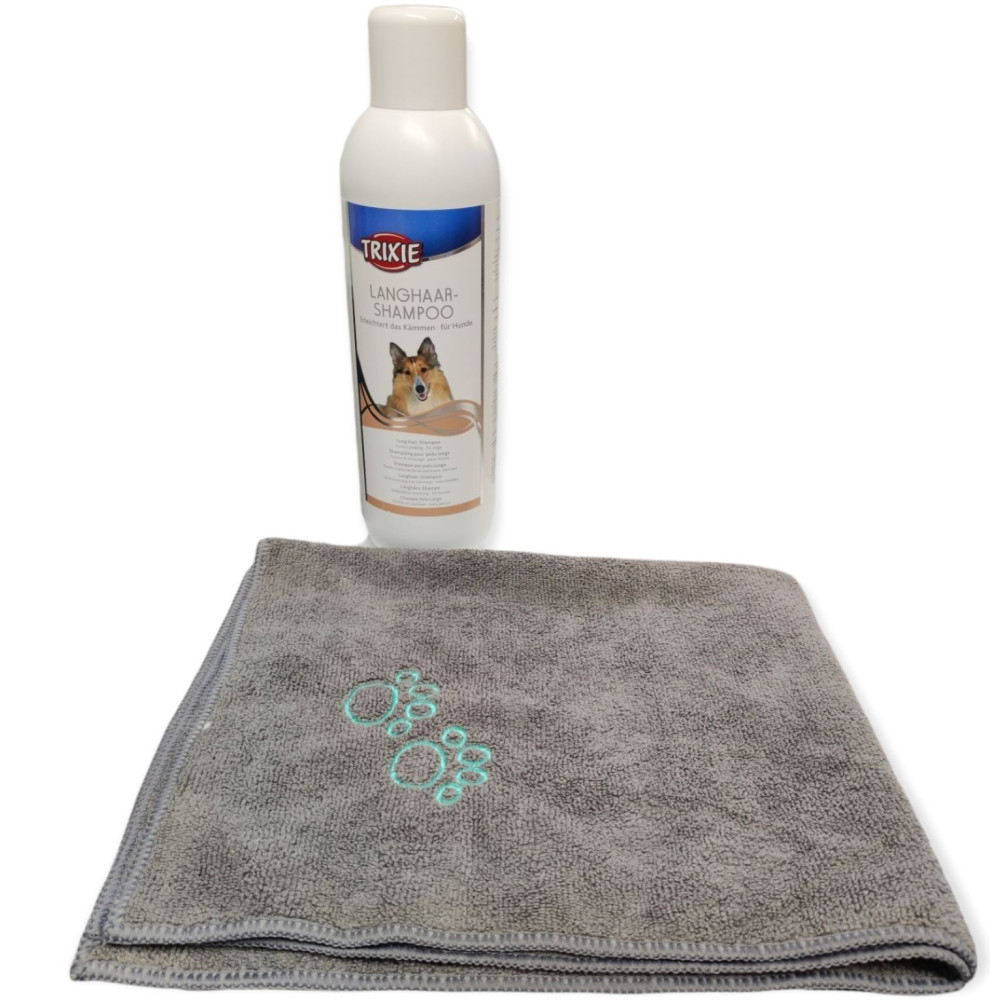 1 liter shampoo voor langharige honden en microvezel handdoek. animallparadise AP-TR-2911-2350 Shampoo