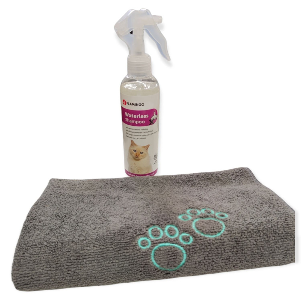 animallparadise Trockenshampoo, Spray, 200 ml für Katzen und Mikrofaserhandtuch. AP-FL-1033328-2350 Shampoo Katze