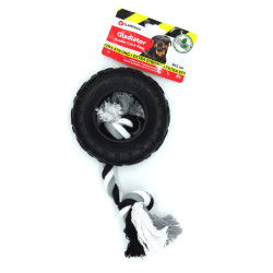 Flamingo Pet Products gladiator rubber toy tire and 15 cm black rope for dog Jeux cordes pour chien