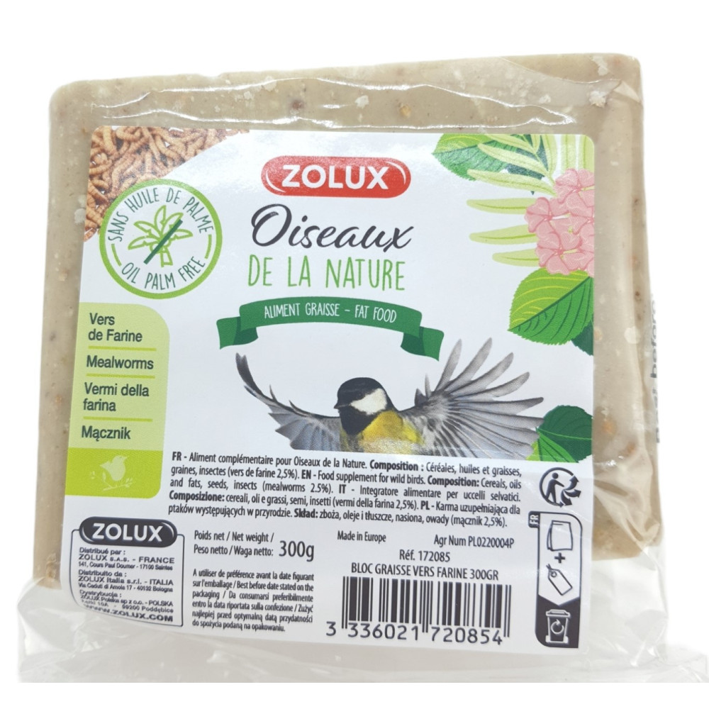 zolux Bloc de graisse vers de farine 300 gr pour oiseaux de la nature. nourriture a base Insecte