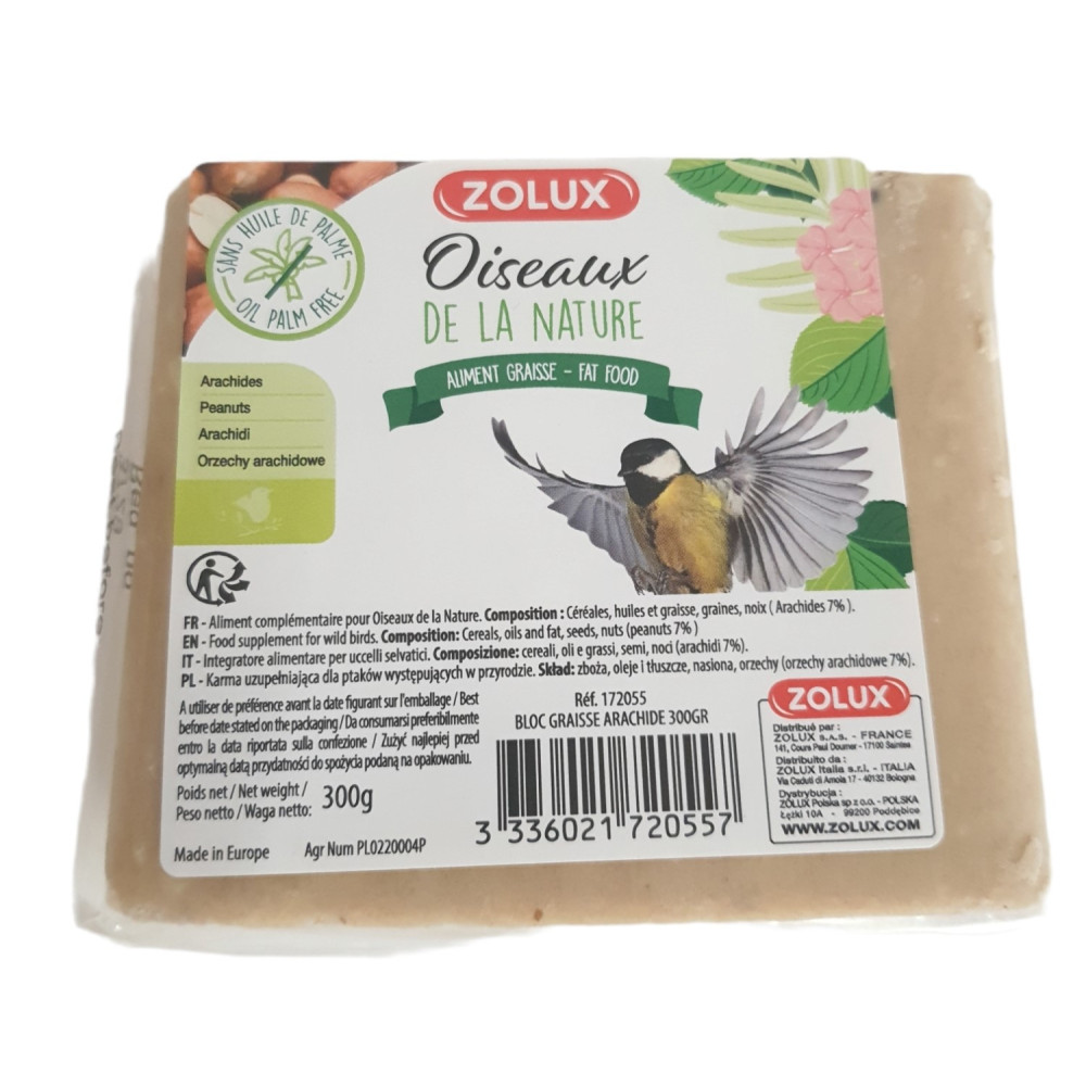 ZO-172055 zolux Bloque de grasa de cacahuete de 300 gr para aves de la naturaleza. Bola de comida para pájaros