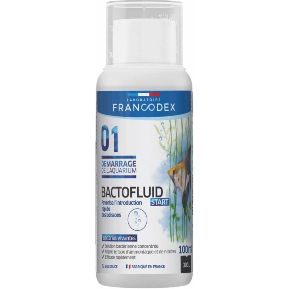 Francodex Régule le taux d’ammoniaque et de nitrites Bactofluid Start 100ml pour poisson Tests, traitement de l'eau