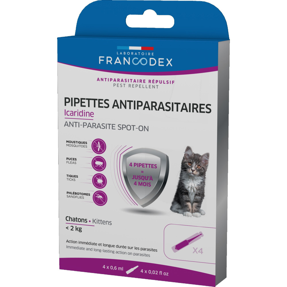 4 pipetas antiparasitárias Icardine para gatinhos com menos de 2 kg FR-176001 Controlo de pragas felinas