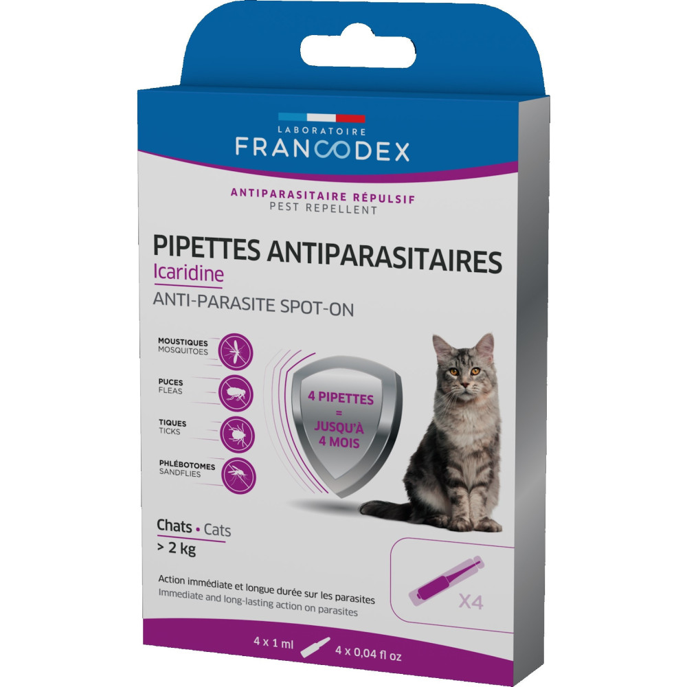 Francodex 4 pipettes antiparasitaires Icardine pour chats plus de 2 kg Antiparasitaire chat