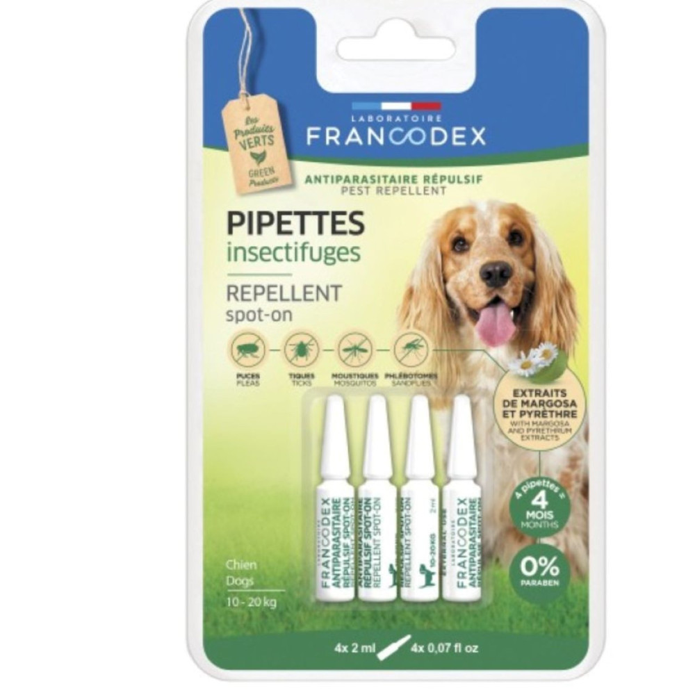 Francodex 4 Insektenabwehrpipetten für Hunde von 10 kg bis 20 kg. FR-175223 Pipetten gegen Schädlinge