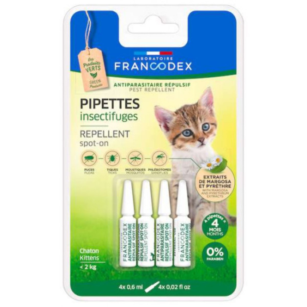 FR-175220 Francodex 4 pipetas de repelente de insectos. Para los gatitos de menos de 2 kg. Control de plagas de gatos