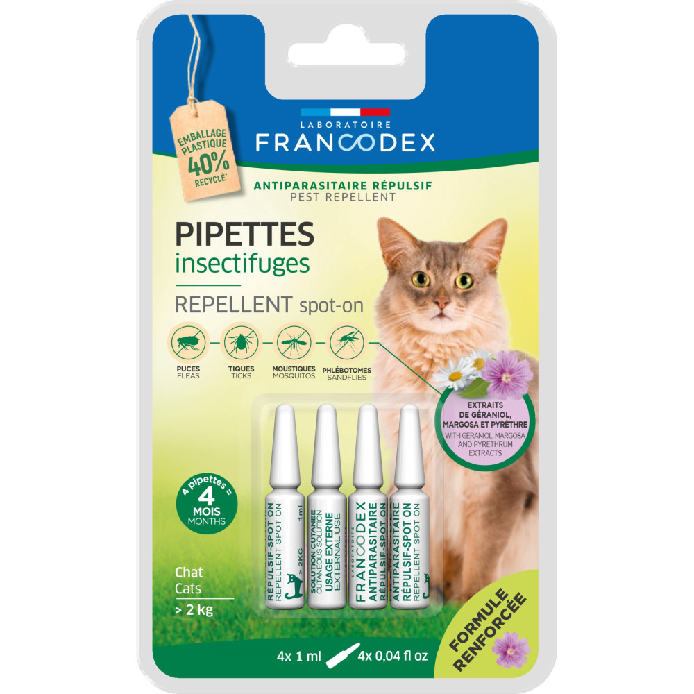 4 Pipetten Insectenwerend middel voor katten vanaf 2 kg Versterkte formule Francodex FR-175486 Kat ongediertebestrijding