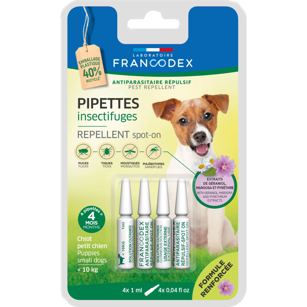 Francodex 4 Pipette di repellente per insetti per cuccioli e cani di piccola taglia sotto i 10 kg formula rinforzata FR-17548...