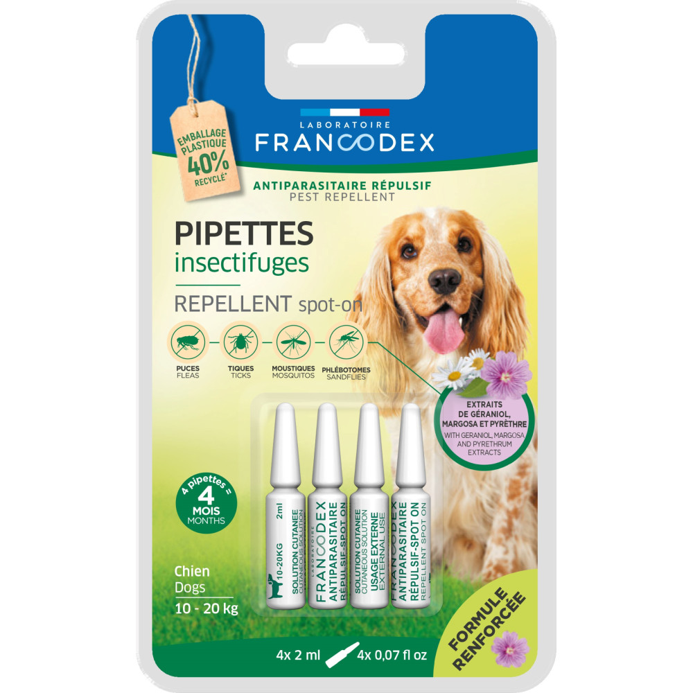 Francodex 4 Pipetten mit Insektenschutzmittel für Hunde von 10 kg bis 20 kg verstärkte Formel FR-175488 Pipetten gegen Schädl...