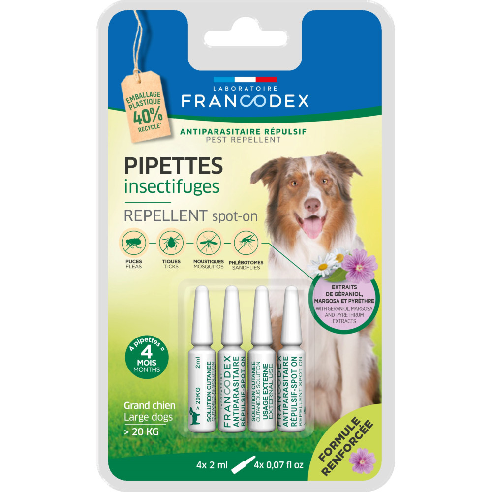 Francodex 4 Pipette di repellente per insetti per cani di oltre 20 kg formula rinforzata FR-175489 Pipette per pesticidi