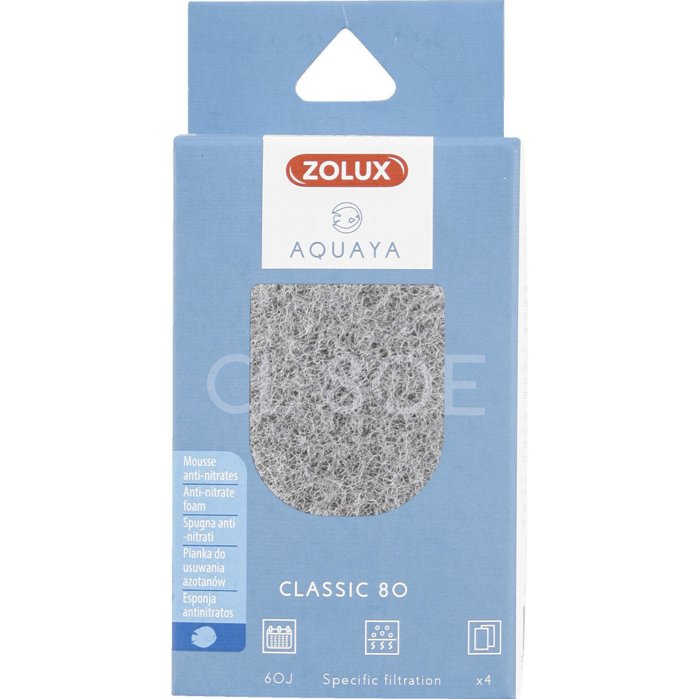 zolux Filtre pour pompe classic 80, filtre CL 80 E mousse anti nitrates x 4 pour aquarium Masses filtrantes, accessoires