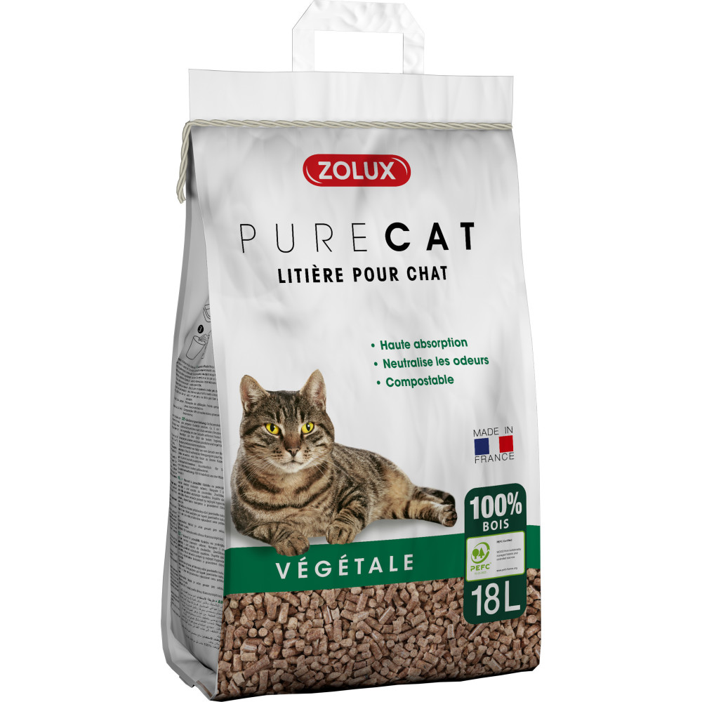 zolux Litière végétale granules de bois PureCat 18 L soit 12.5 kg pour chat Litiere