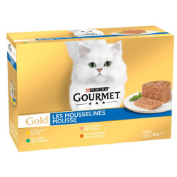 Purina 12 Dosen für Katzen 58g GOLD Die Mousselines mit Kaninchen, Lachs, Huhn und Nieren - GOURMET NP-550673 Pâtée - émincés...