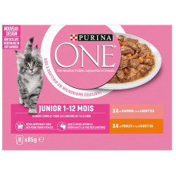Purina 8 Beutel (85 g) für Kätzchen mit Lachs, Huhn und Karotten Purina ONE NP-790866 Pâtée - émincés chat