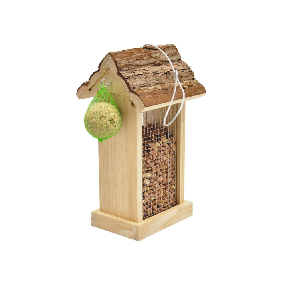 Distribuidor de alimentador de aves, telhado em casca de árvore 15x14x28,5 cm. VA-7391 Amendoim, amendoim, alimentador de gir...