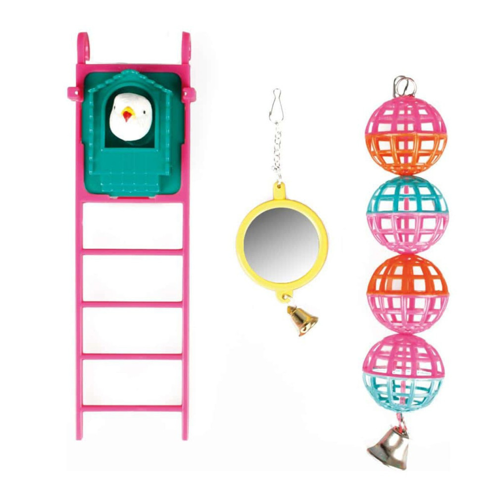 FL-100318 Flamingo Espejo de juguete, bolas, escalera de 20 cm. para pájaros. Juguetes