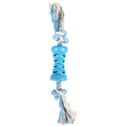 Flamingo Pet Products Tube toy + blue rope. 35 cm. LINDO. in TPR. for dogs. Jeux cordes pour chien